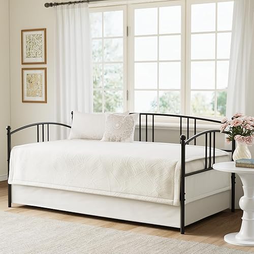 IDEALHOUSE Twin Daybed Without Trundle, Metal Twin Size Daybed, Steel Slat Support Sofa Bed for Living Room, Bedroom, Guest Room (Black-Without Trundle)