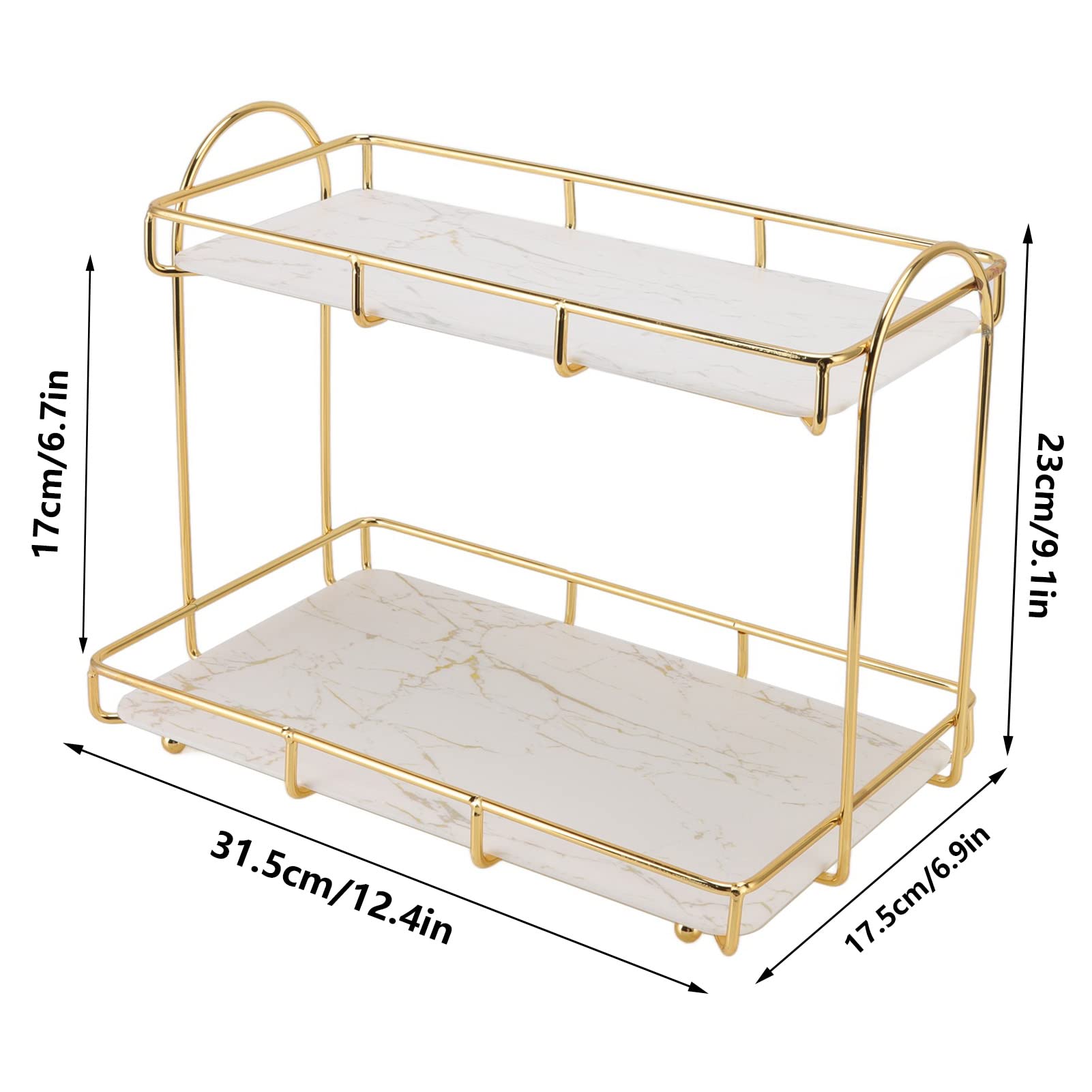 Badezimmer-Aufbewahrungsregal, Kosmetik-Organizer, 2 Etagen, Parfüm-Regal, Struktur, Theke, Gold, Weiß, Bodenbelag-Halter, Toilettenständer für Duft, Schmuck, Geschirr,