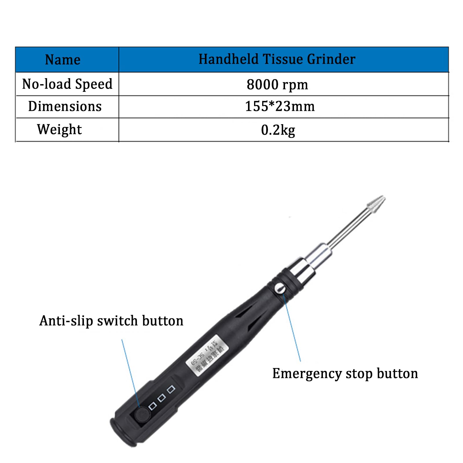 Homogeneizador portátil, 3 ajustes de velocidad, 8000 RPM, para molienda interna de muestras en tubos centrífugos de 1,5 ml, varilla de acero inoxidable, uso en laboratorio