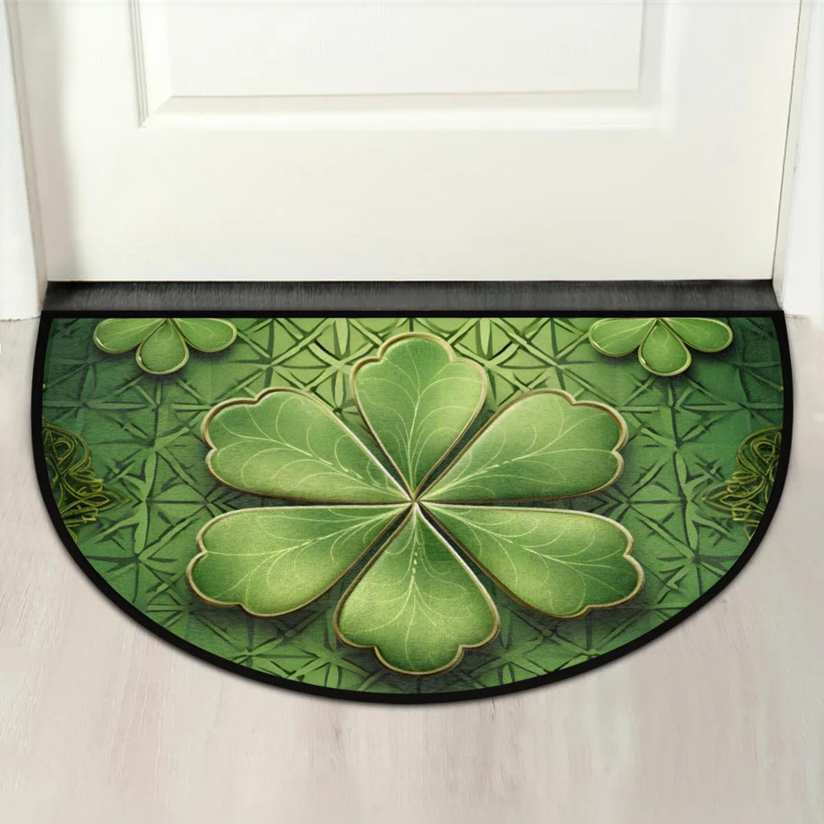 cfpolar Half Round Door Mat Four Leaf Clovers Pattern Non-Slip Semi Circle Area Rug Washable Semi Circle Floor Rug for Indoor Outdoor Living Room Bathroom Kitchen Patio Hearth Rugs Home Decoration