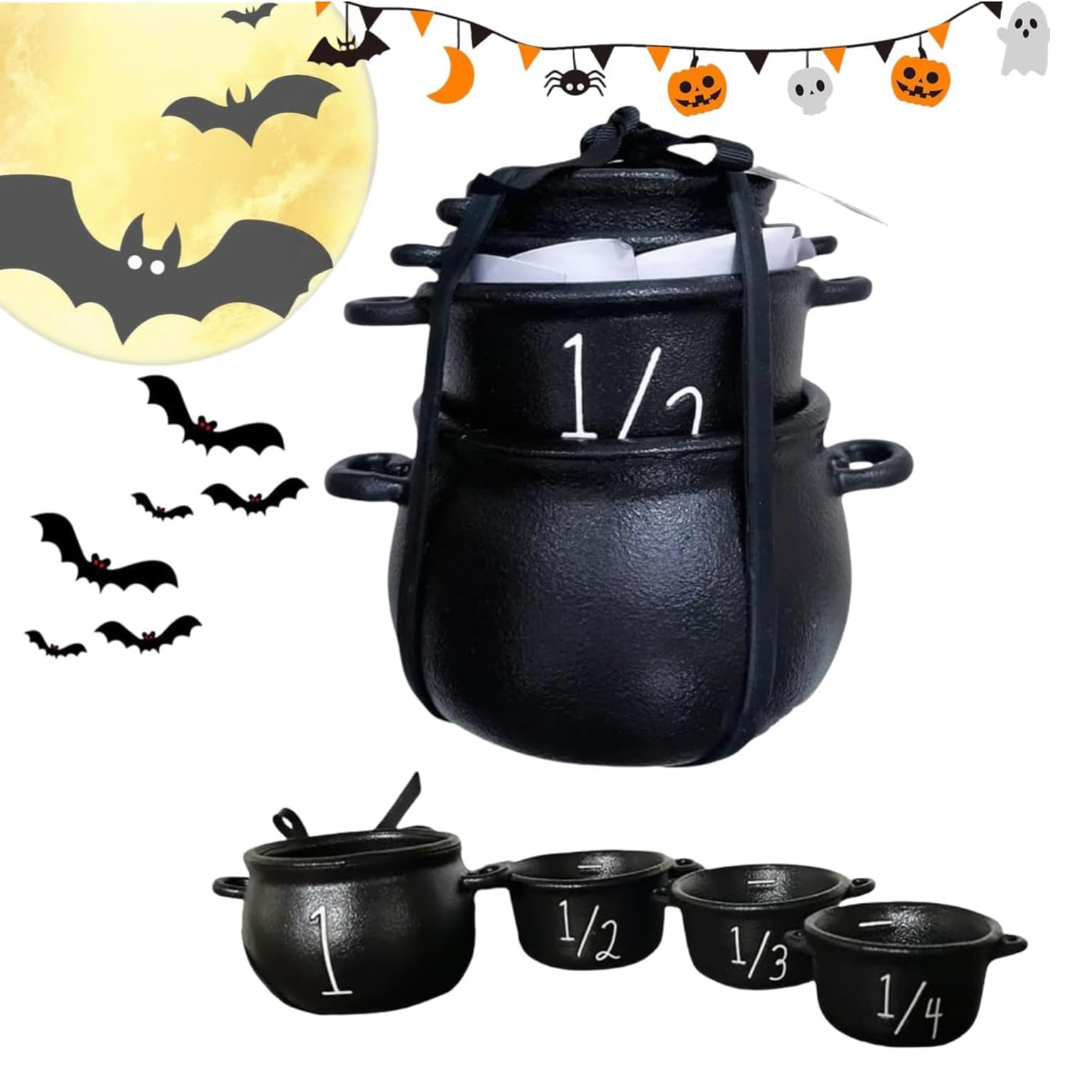 Uoaesr Black 4Pcs Mini Witch Cauldron Set - Stackable Mini Cauldrons With Measurement Marks | Halloween Decor, Altar Bowls & Witchcraft Supplies | Matte Finish, Gothic Halloween Decoration