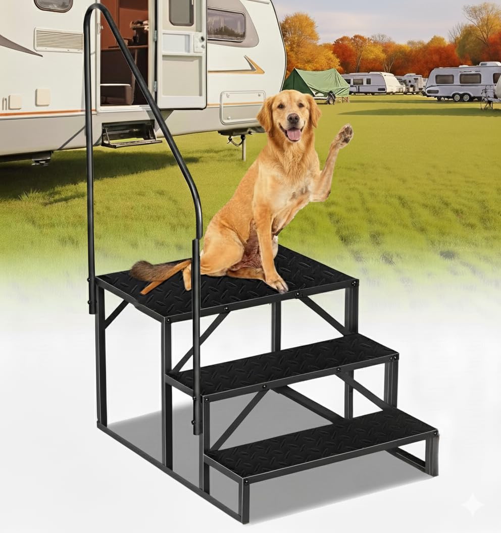 RV Steps with Handrail, 3 Step RV Stairs 660lbs Load Capacity, Heavy Duty Camper Steps with Wide &amp; Anti-Slip Platform, Portable Outdoor Metal Entry Stairs for Hot Tub, Mobile Home, Travel Trailers