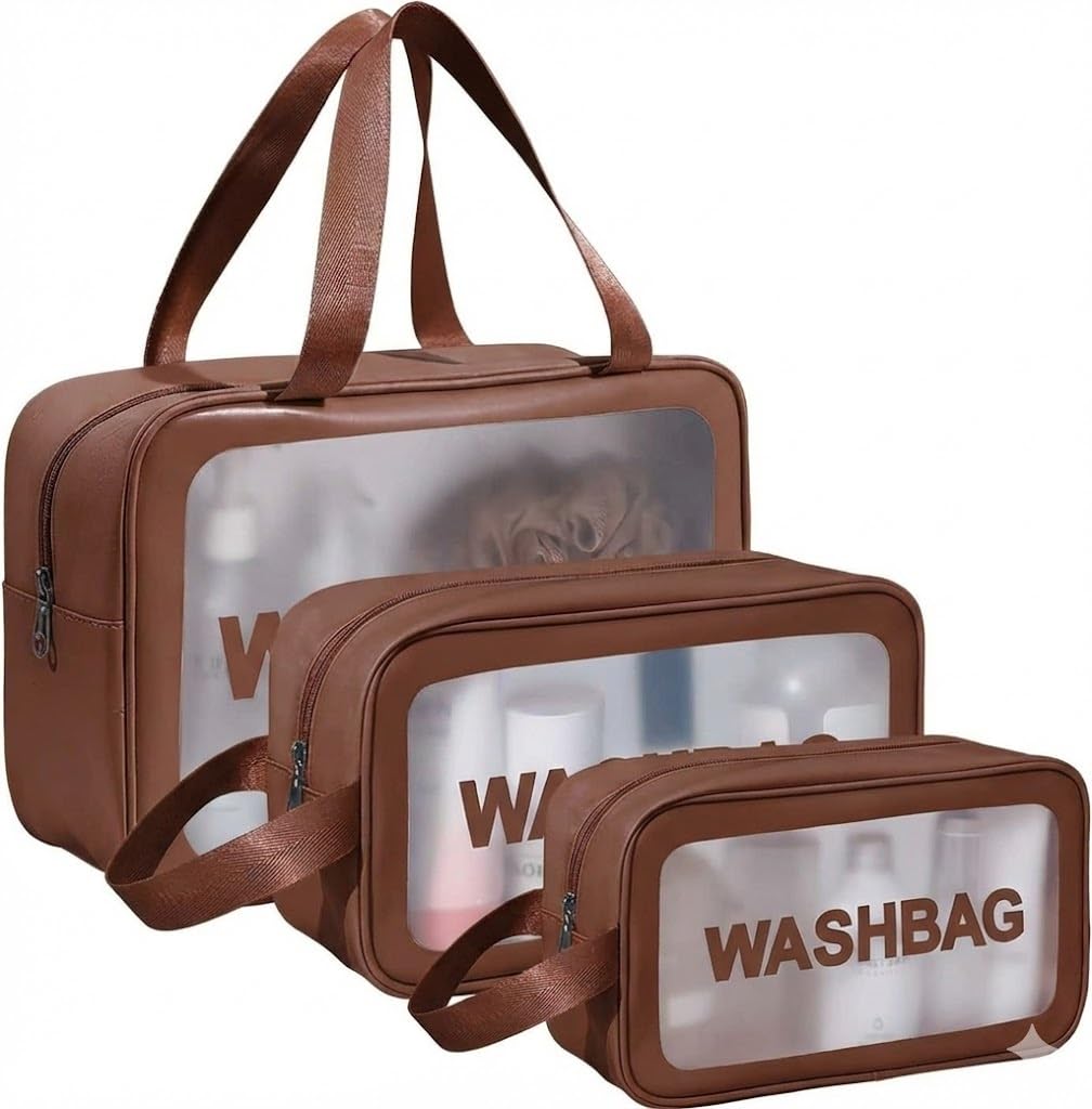 Translucent Wash Bag Set of 3 | Waterproof PVC Toiletry & Makeup Organizer for Travel | Clear Cosmetic Pouch | Multi-Color Options | Unisex for Men & Women (Brown)-picture-21