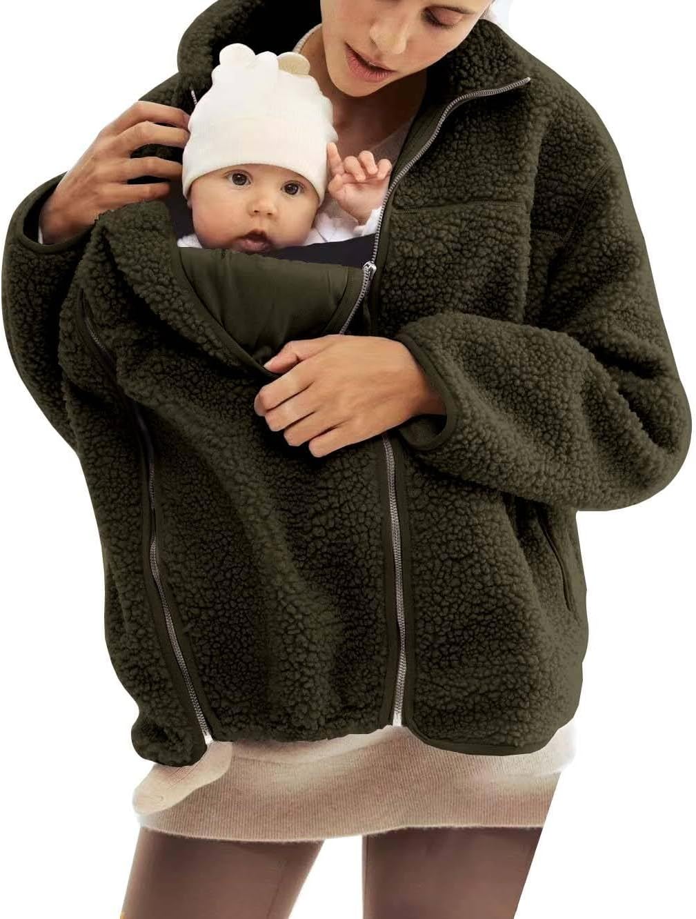 Women's Fleece Zip Up 2 in 1 Baby Wearing Jacket Maternity Winter Coat Thicken Kangaroo Sweatshirt