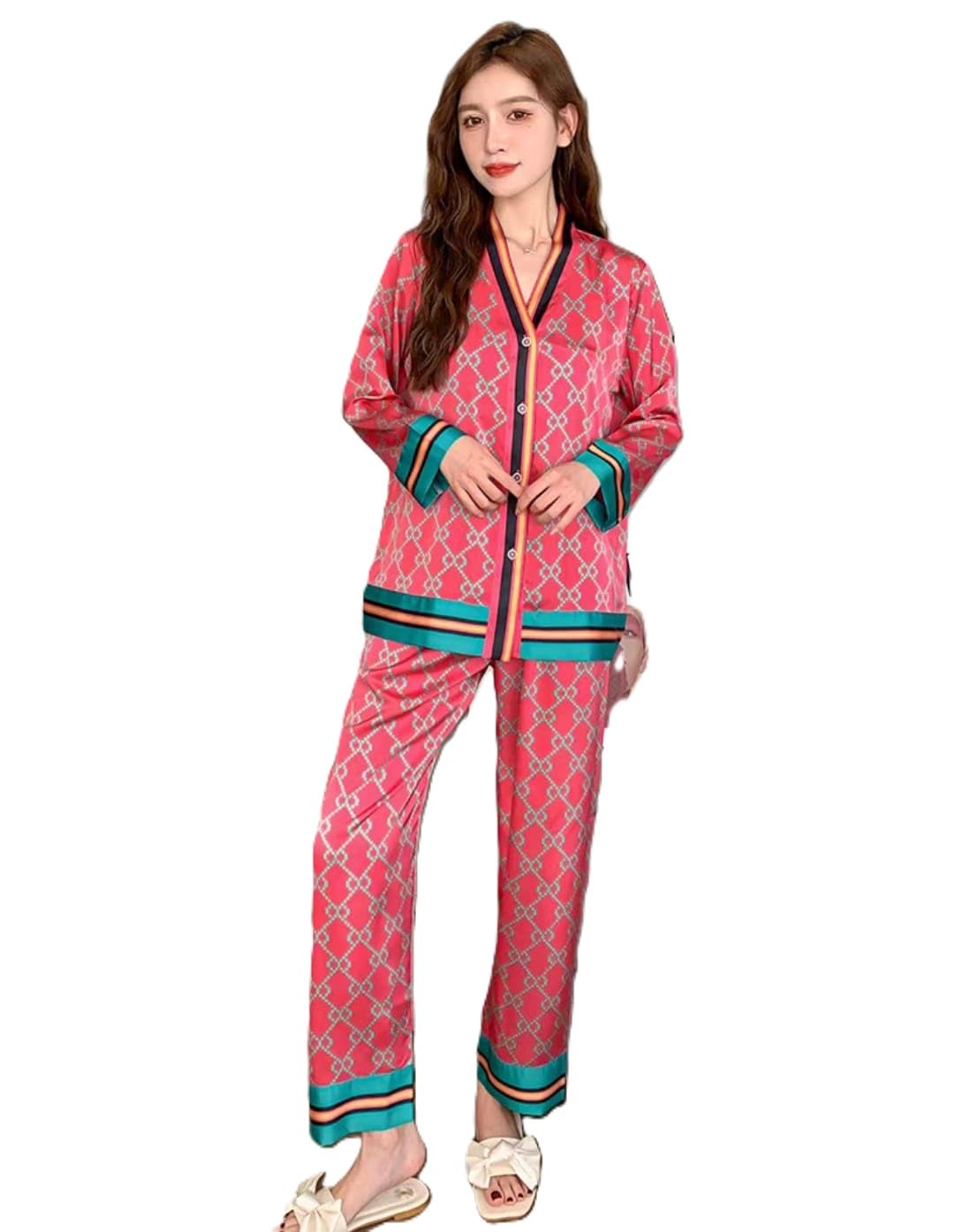 Women's Geometric Print Silk Pyjama Set, Pink with Turquoise Trim, Button-Front Night Suit-image-11