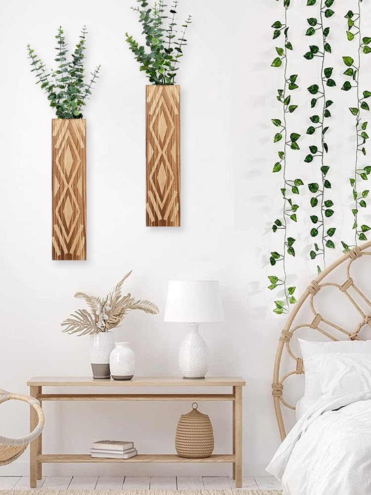 Set de 3 Jarrones de Pared de Madera - Plantadores Colgantes con Acabado Marrón Rústico, Decoración Moderna para Flores Artificiales y Plantas (A)