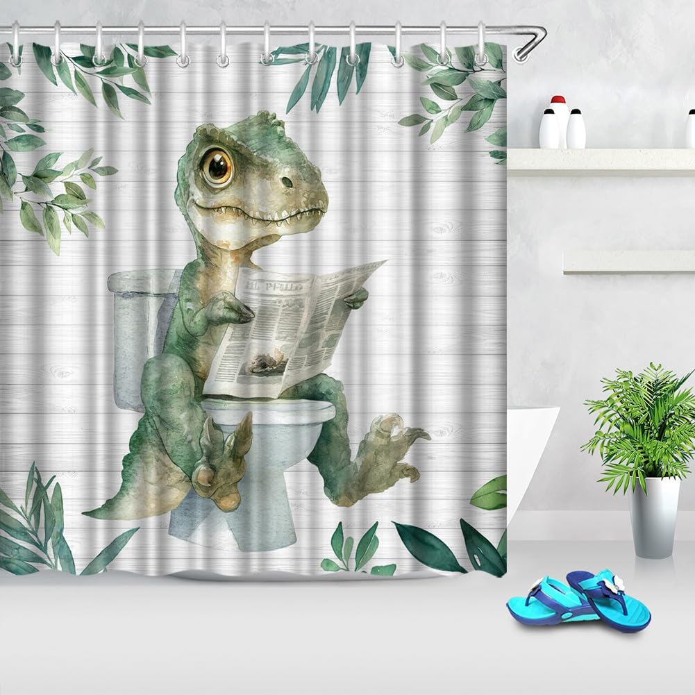 T-Rex Reading Shower Curtain 72x72 Dinosaur Bathroom Decor Green Tropical Leaves