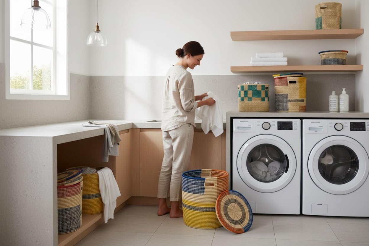 Small Laundry Woven Malawi Storage Basket With Lid: Storage Basket Multi Colored