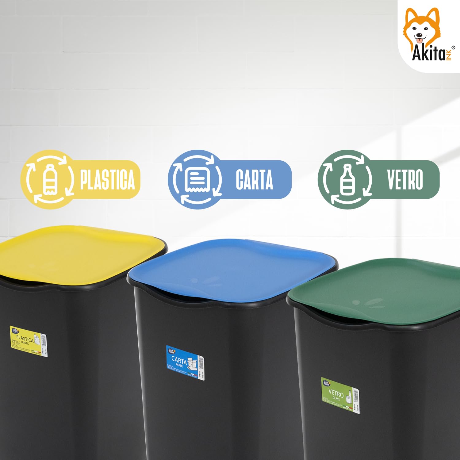 AKITAInk - Set 3 Pattumiere Differenziate AKIJAZZ3, Secchio Pattumiera 3 Bidoni da 50 litri – Organizza la Raccolta con Stile e Funzionalità