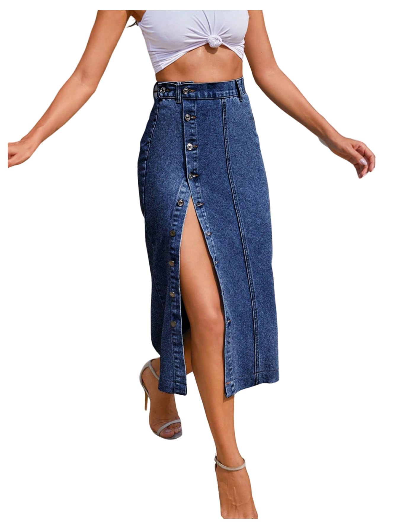 WDIRARA Womens Asymmetrical Denim Midi Skirt Button Down High Waisted Jean Skirt