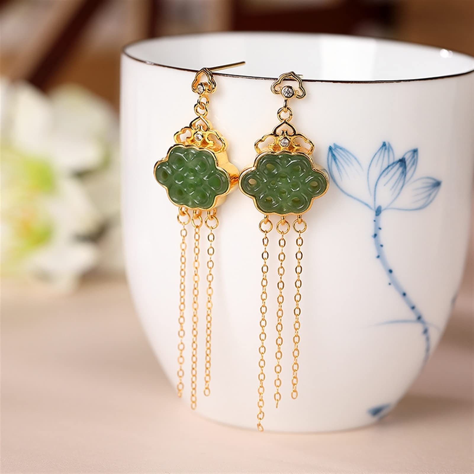 Pendientes de plata S925 chapados en oro con jade hetiano, pendientes con borlas para mujer, joyería para novia