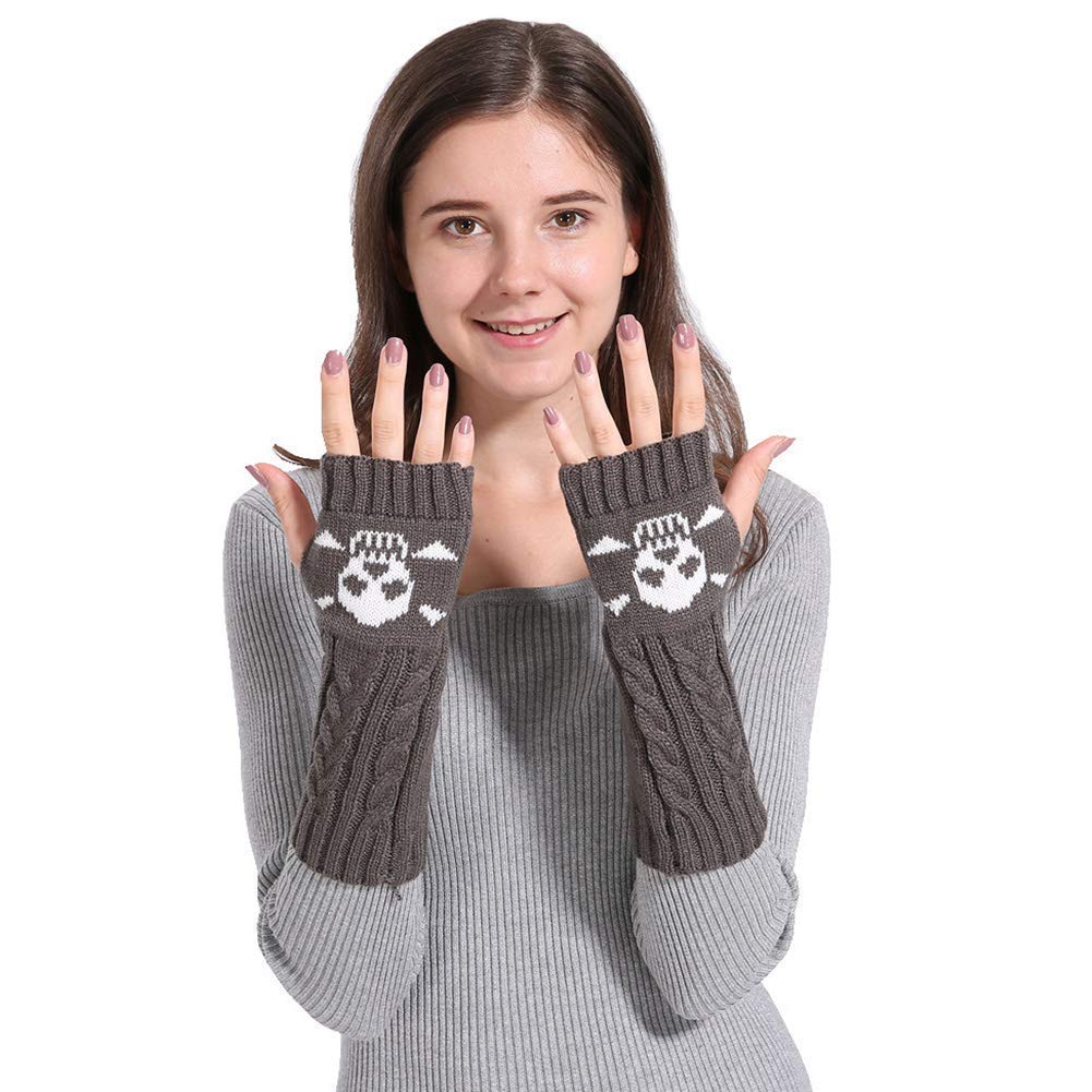 Women's Cable Knit Fingerless Arm Warmers Skull Thumb Hole Gloves Mittens