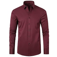 Mens Long Sleeve Dress Shirt Solid Slim Fit Casual Business Stretch Wrinkle-Free Classic Formal Button Up Dress Shirts