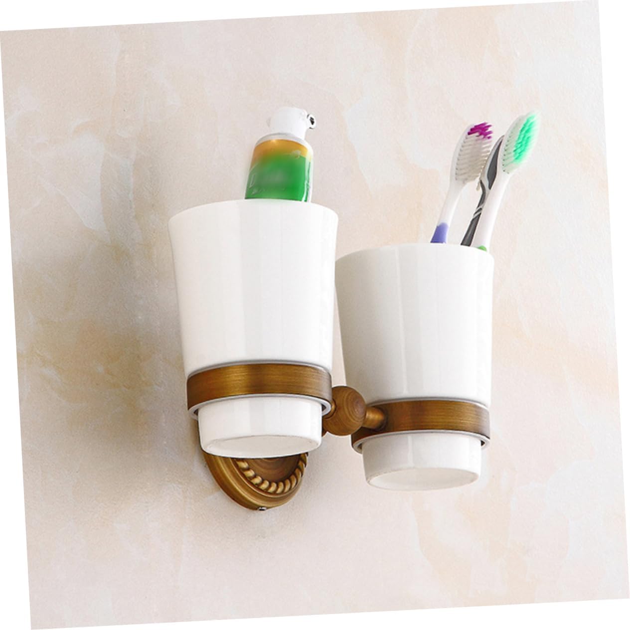 Vintage Toothbrush Cup Holder Wall Mount Holder No-Drill Removable Ceramic Cups Bathroom Accessory