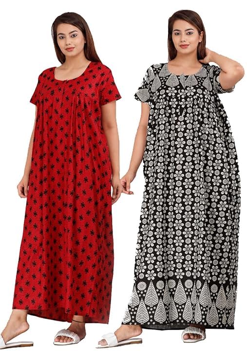 Nighty for Women Cotton Printed Maxi Gown Ankle Length Nighty Night Dress Gown for Women Maxi - Free Size (Pack of 2)-picture-31