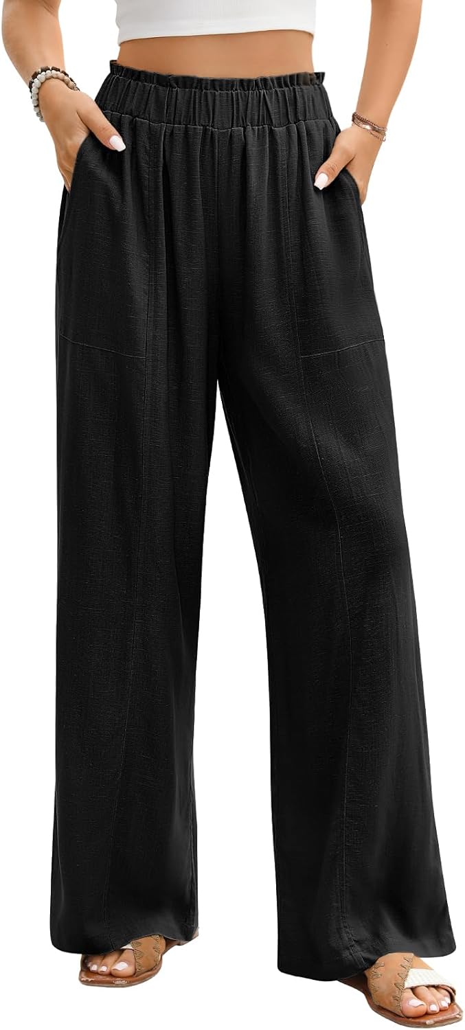 Women's Linen Palazzo Pants Summer Flowy Wide Leg Trousers Elastic Waist Casual Boho Pants Vacation Outfits 2026