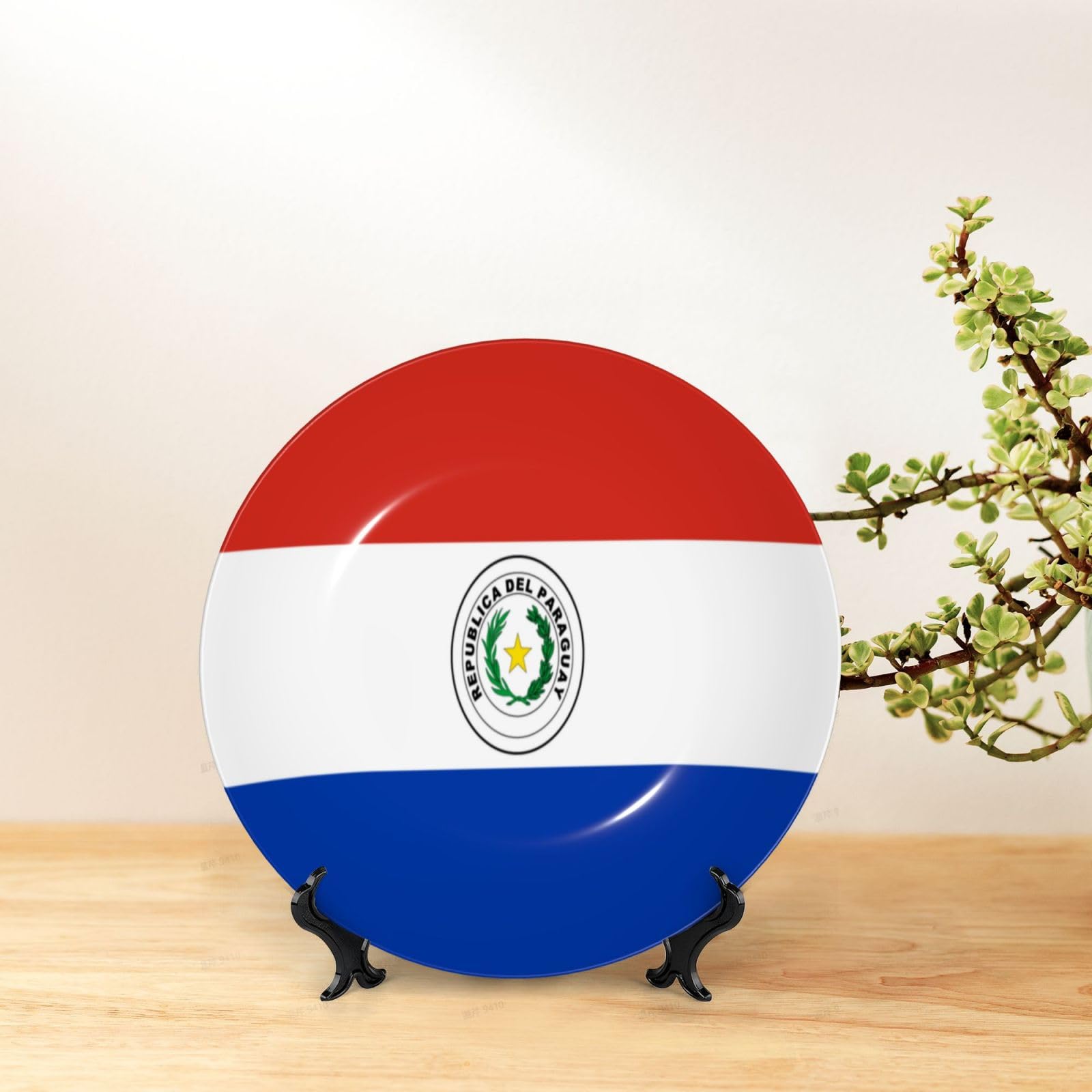 Platos decorativos elegantes de la bandera de Paraguay, platos de porcelana china con soporte de exhibición y gancho para decoración de pared, regalo de boda