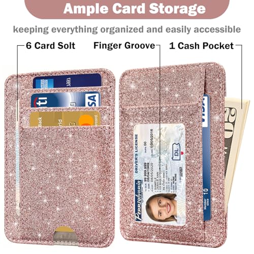 HOTCOOL Card Holder Wallet Front Pocket Minimalist Travel Cute Funny Thin Leather With RFID Blocking Small Credit Card Holder Wallet for Men & Women Girls Organizer Gifts, Glitter Rose3