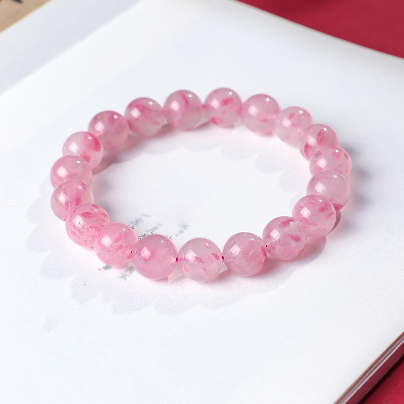 Pulsera de Cuarzo Rosa para Mujer, Cuentas de Piedra de Amor Natural de 6 a 10 mm para compasión y Paz Interior, joyería de Cristal elástico Ajustable con energía Positiva,9MM