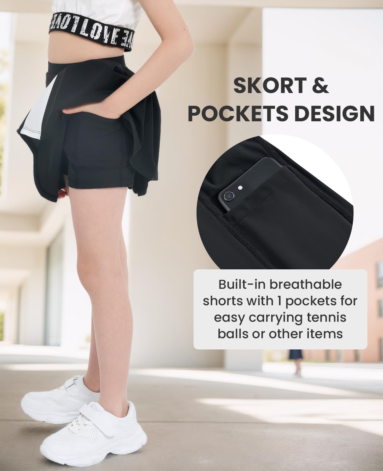 Gogokids Gonne da tennis per ragazze con tasche, gonna a pieghe da golf per giovani, atletica, con fodera pantaloncini, linea ad A, mini pattinatrice