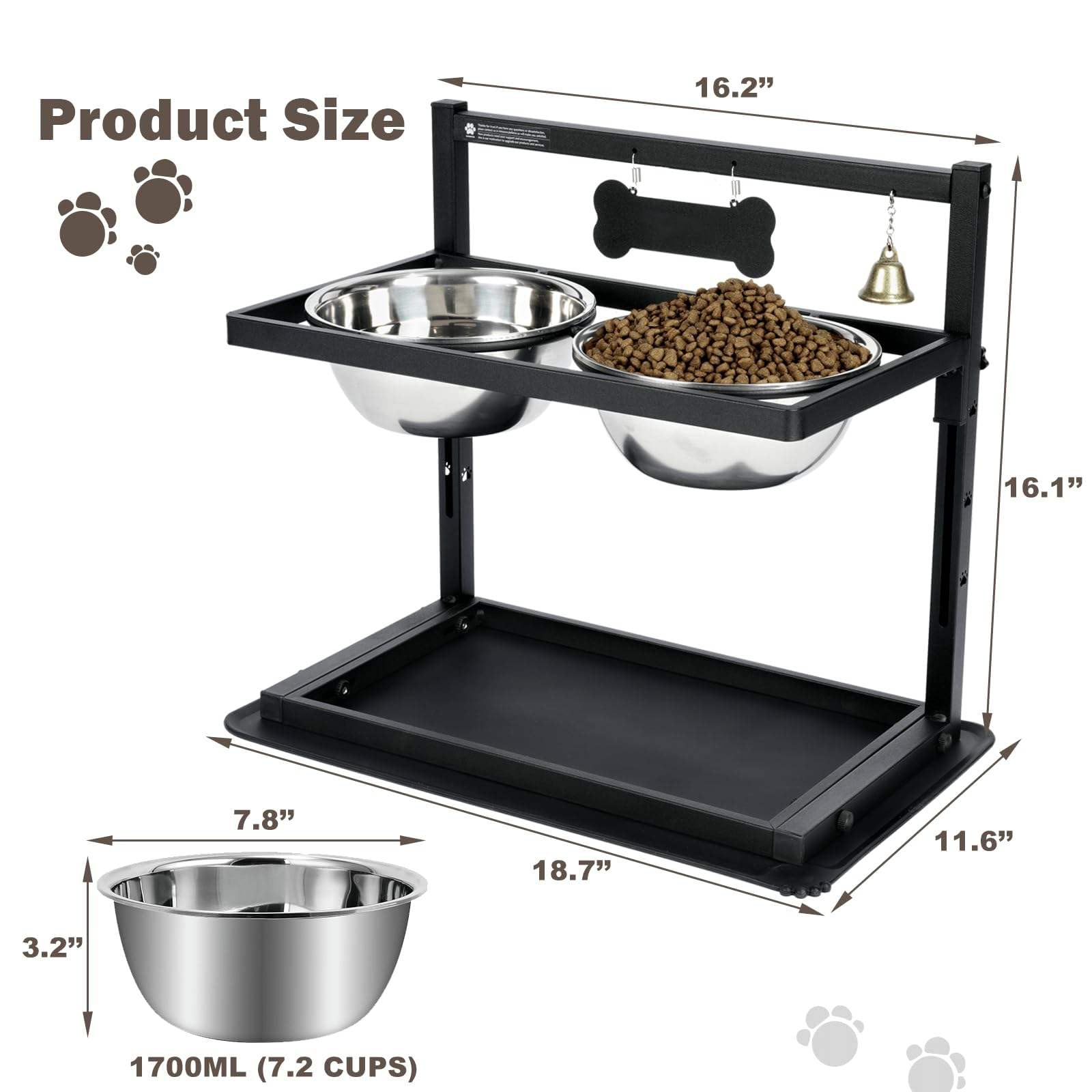 Gamelle surélevée pour chien, gamelles surélevées réglables en hauteur à 7 degrés, support de gamelles surélevées inclinées à 10° avec tapis anti-déversement, deux gamelles d'eau en acier inoxydable