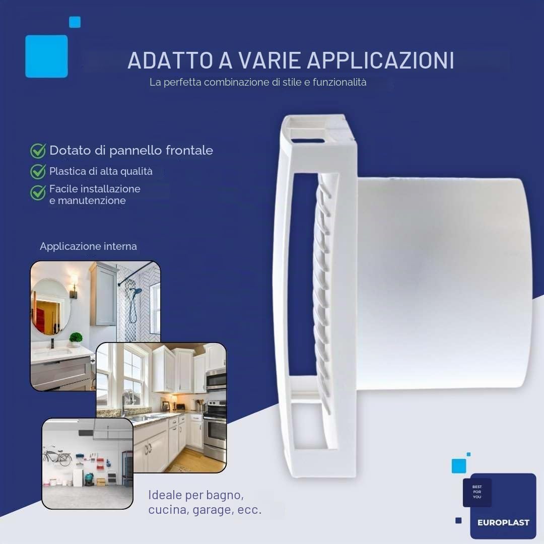EUROPLAST Ø 100mm Aspiratore Bagno con Timer e Sensore di Umidità - Ventola Aspirazione Bianca - Estrattore Aria - Ventilatore da Parete per Cucina, Garage, WC