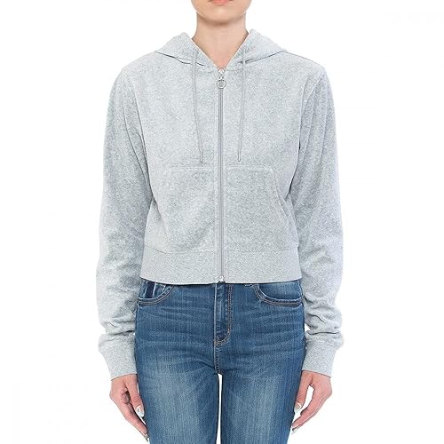 Khanomak Women's Velour Long Sleeve Cropped O-Ring Zip Up Hoodie