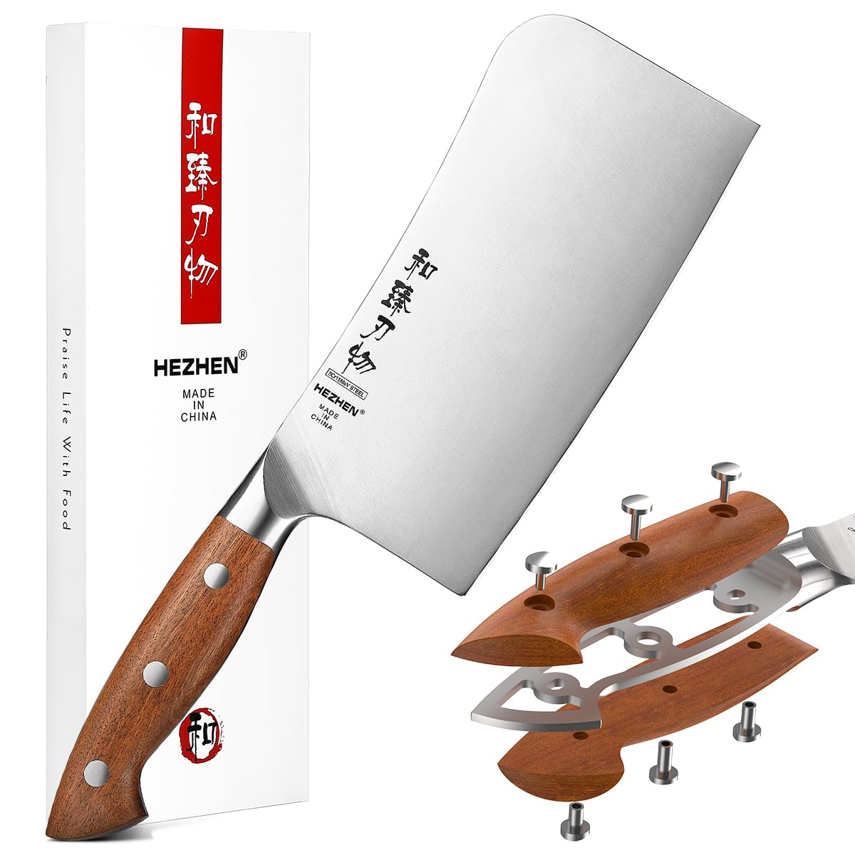 HEZHEN Couteau à Hacher Chinois, Couperet à Viande, Manche en Redwood