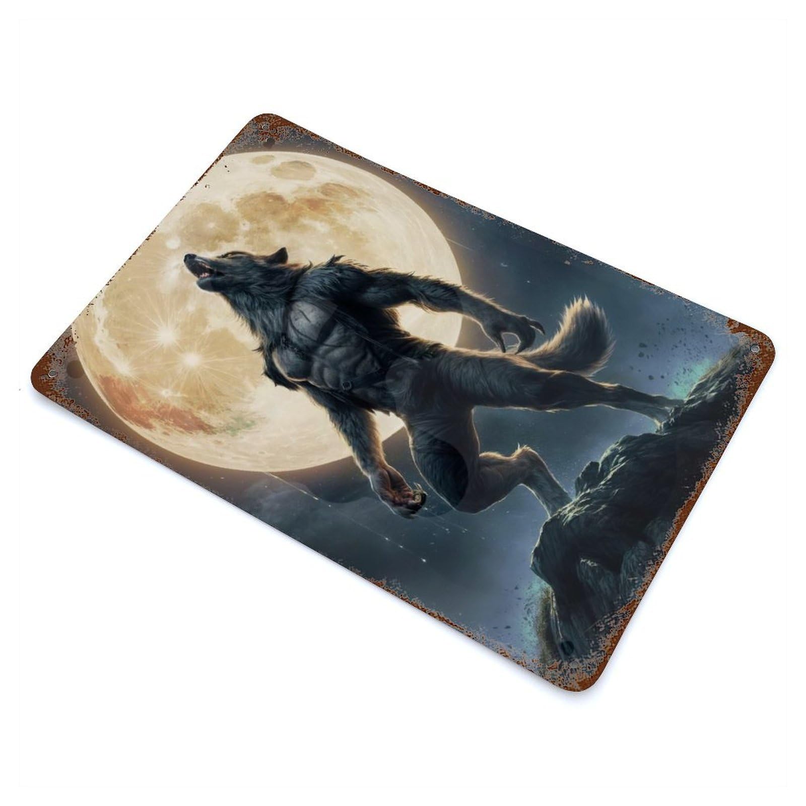 Garage Style Werewolf Howling at The Moon Aged Metal Wall Plaque 11.8"x7.9", Farmhouse Wall Decor for Bar And Workshop