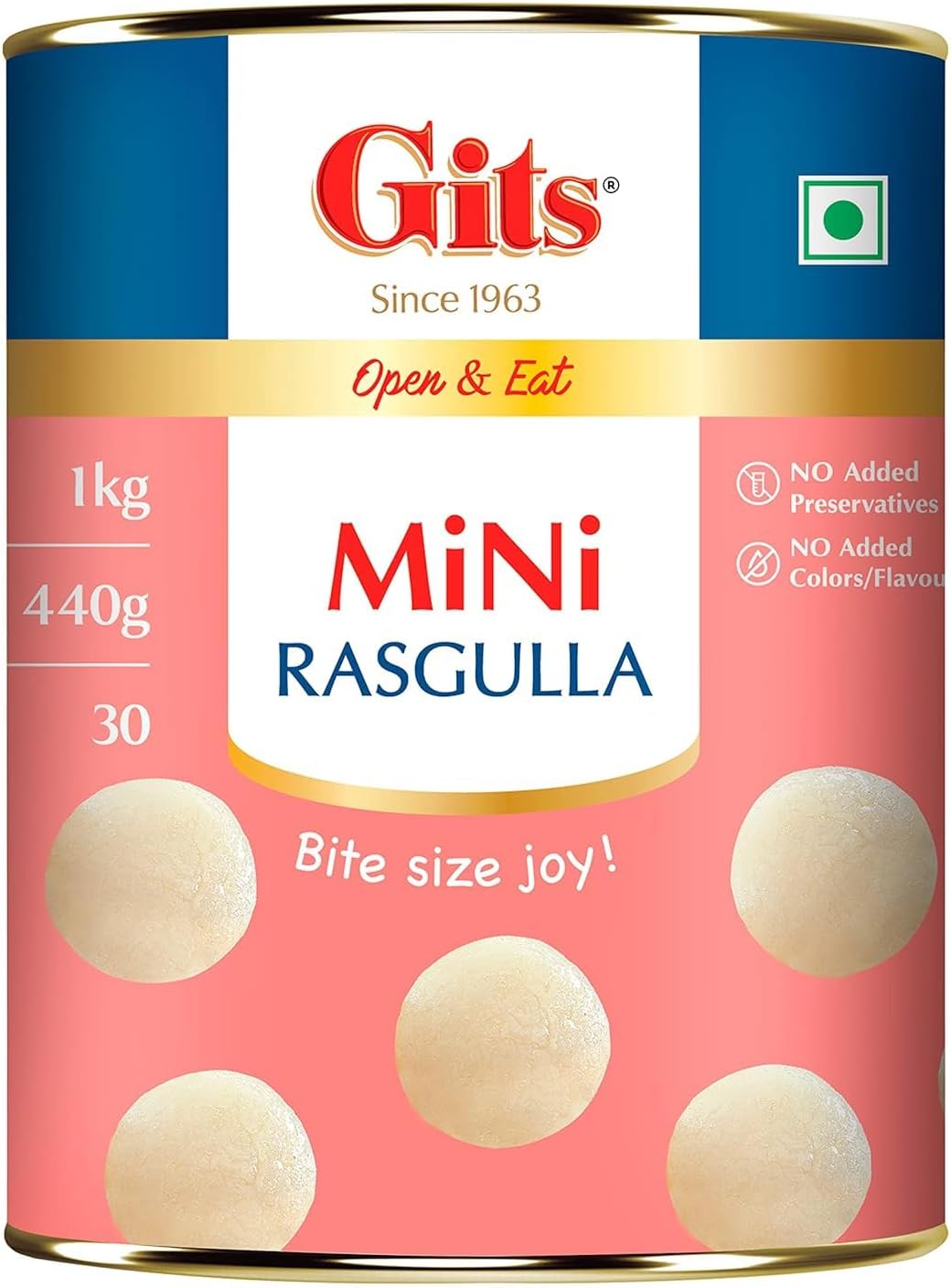 Gits Open & Eat Mini Rasgulla, 30 Pieces Per Can, Authentic Bengali Sweet, 1Kg