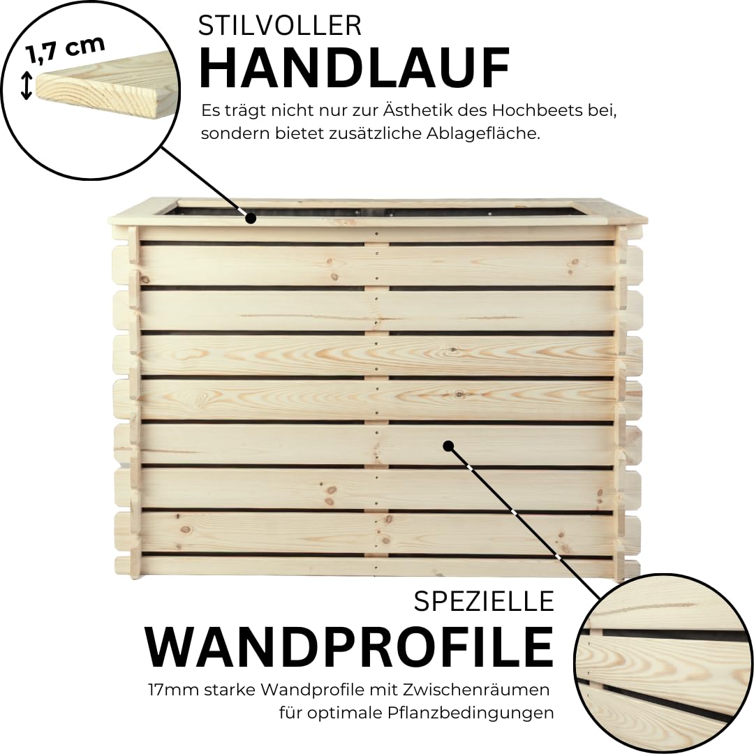 Mega Holz Hochbeet PLANTO 117x59x77 (BxTxH) aus Natürlicher Kiefer, Blumenbeet aus Holz, Wetterfest, Innen- und Außenbereich, Kräuterbeet für Garten, Balkon und Terrasse, Einfaches Stecksystem