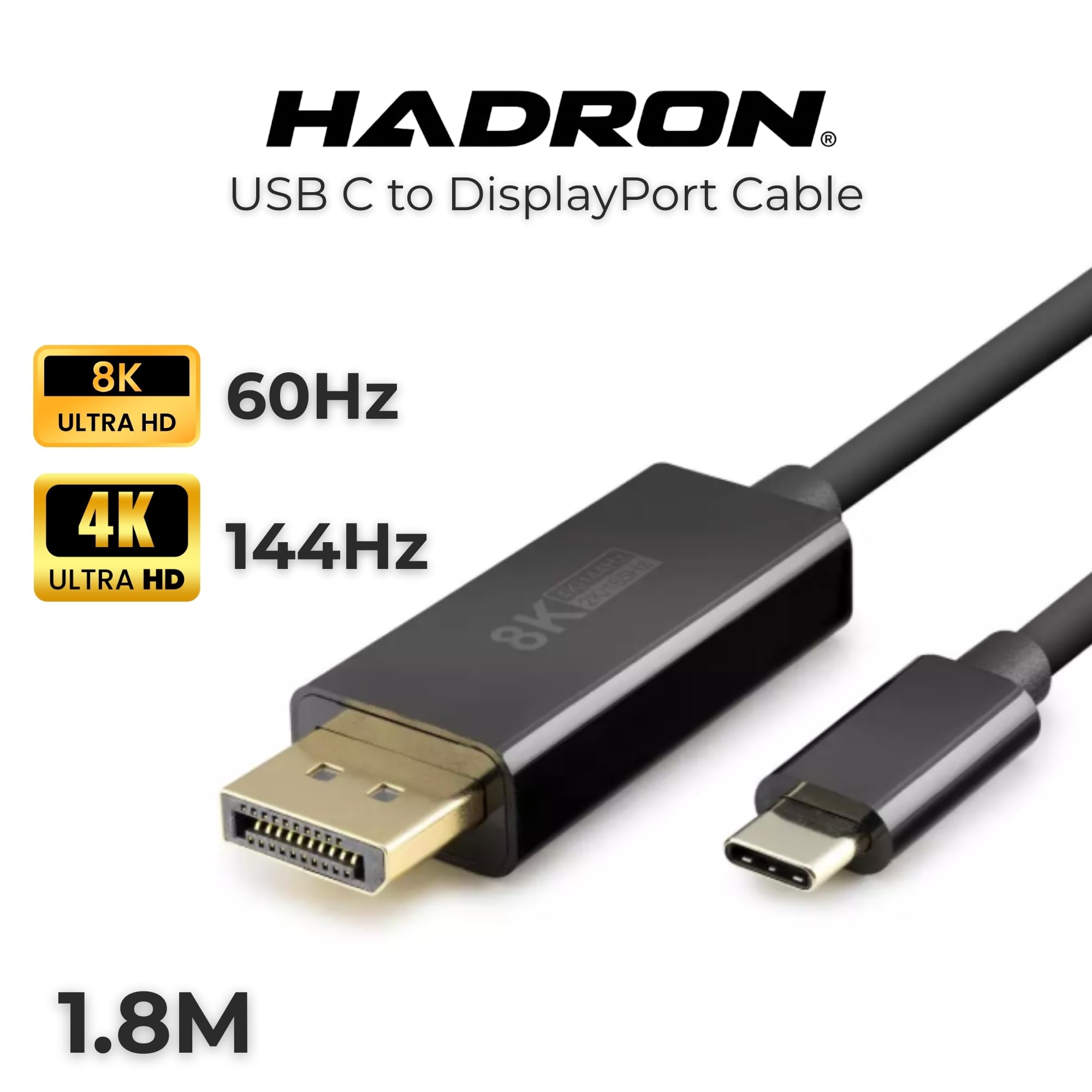 Hadron Type-C to DisplayPort Kablo - 8K 60Hz / 4K 144Hz Destekli, 1.8 Metre, Thunderbolt 3/4 Uyumlu, MacBook, iPad ve Yeni Nesil Laptoplar için DP Dönüştürücü Görüntü Kablosu (Siyah)