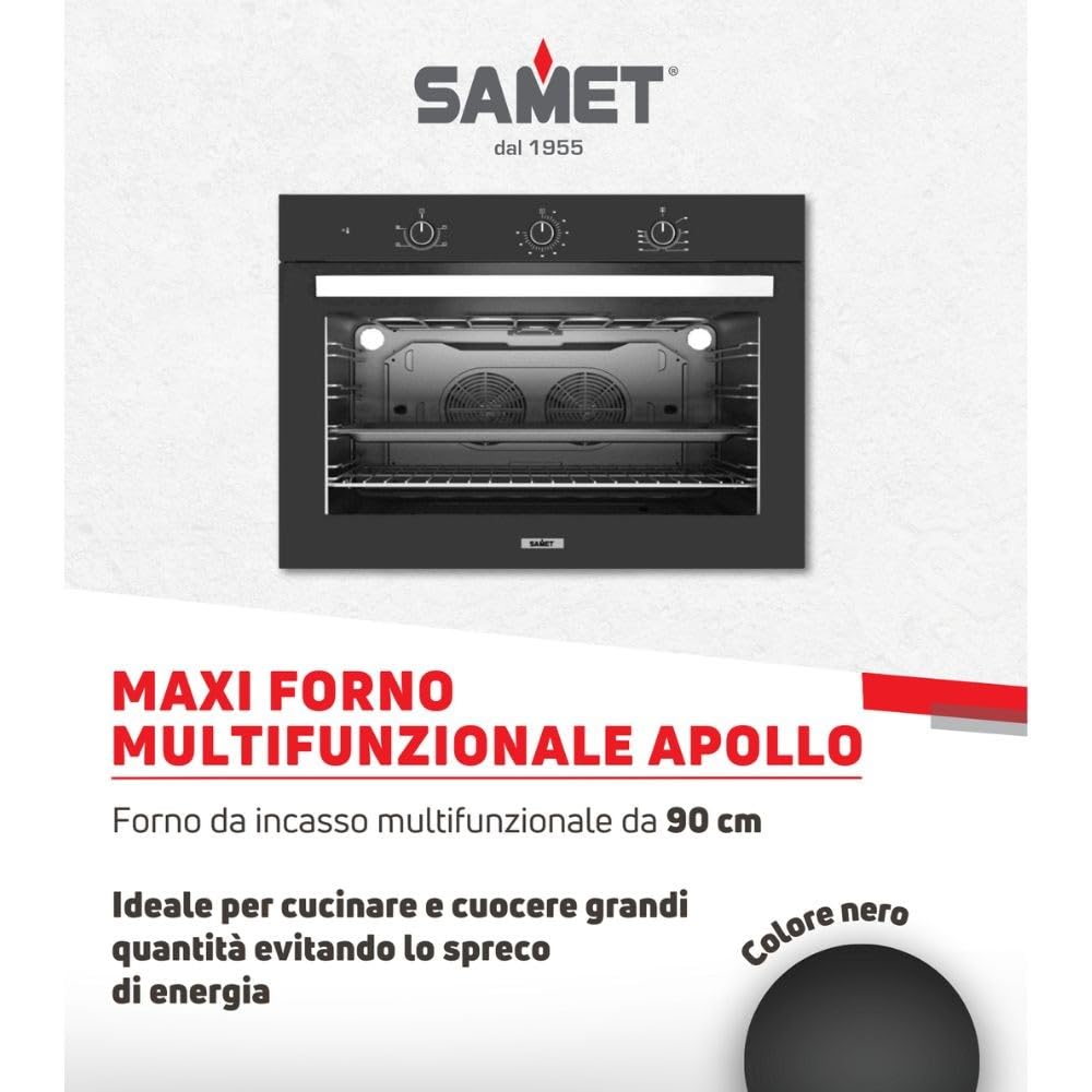 Samet, Forno da Incasso Ventilato 90 cm Apollo Nero, Maxi Forno Multifunzione 100 Litri Classe A, con Doppia Ventola, Doppia Lampada e Timer Meccanico, 89,5x57x59,5 cm