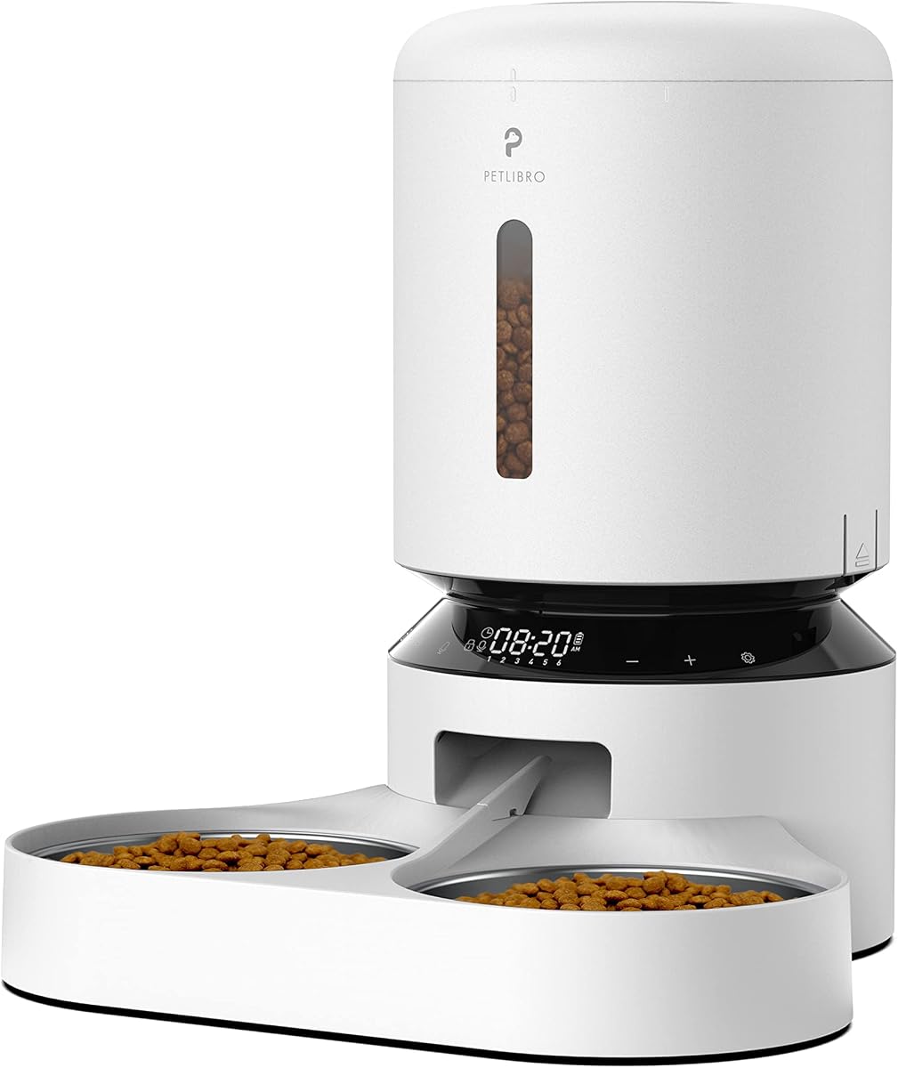 PETLIBRO Dispensador automático de comida para gatos para 2 mascotas, alimentador automático para perros de 5 litros, dispensador de comida seca con divisor y 2 cuencos de acero inoxidable, llamada de comida de 10 segundos y ajuste de temporizador, 50 porciones, 6 comidas por día, alimentador de doble bandeja