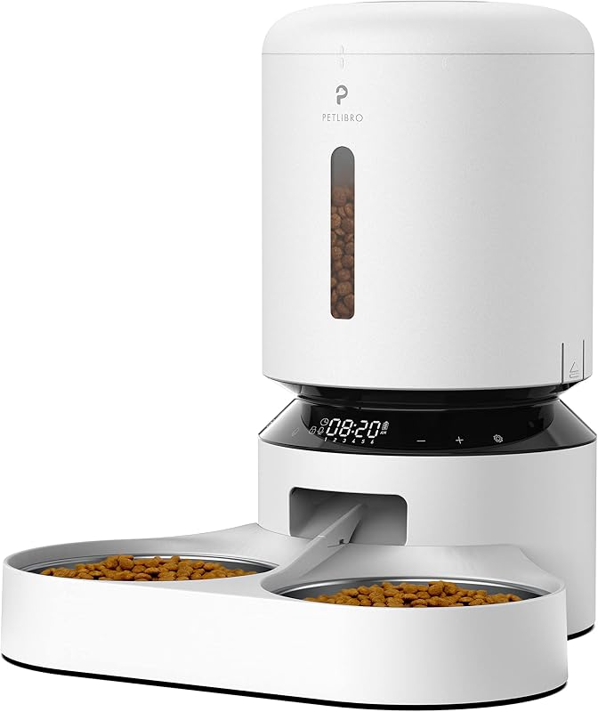 PETLIBRO Dispensador automático de comida para gatos para 2 mascotas, alimentador automático para perros de 5 litros, dispensador de comida seca con divisor y 2 cuencos de acero inoxidable, llamada de comida de 10 segundos y ajuste de temporizador, 50 porciones, 6 comidas por día, alimentador de doble bandeja