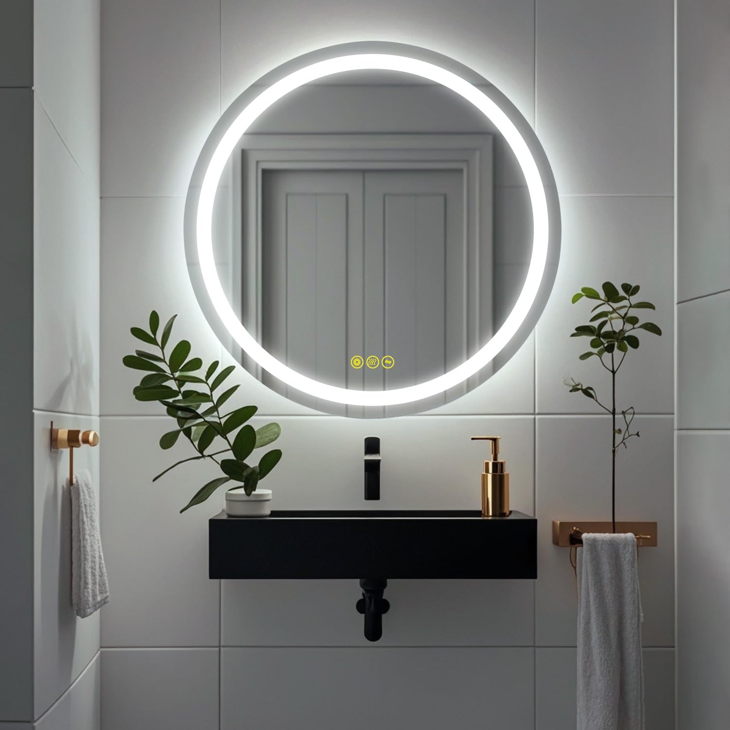 28 Inch LED Bathroom Mirror with Lights Smart 3 Lights Anti-Fog Lighted Bathroom Mirror Round Wall-Mounted Mirror Memory Brightness Warm/Natural/White Light Stepless Dimmable Mirror