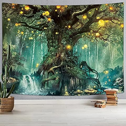 KOTOM Forest Fairy Tales Tapestry, Lanterns and Waterfalls Under Fantasy Large Tree Bohemian, Wall Art Hanging Blankets Home Decor for Bedroom Living Room Dorm, 80X60 Inches Cover
