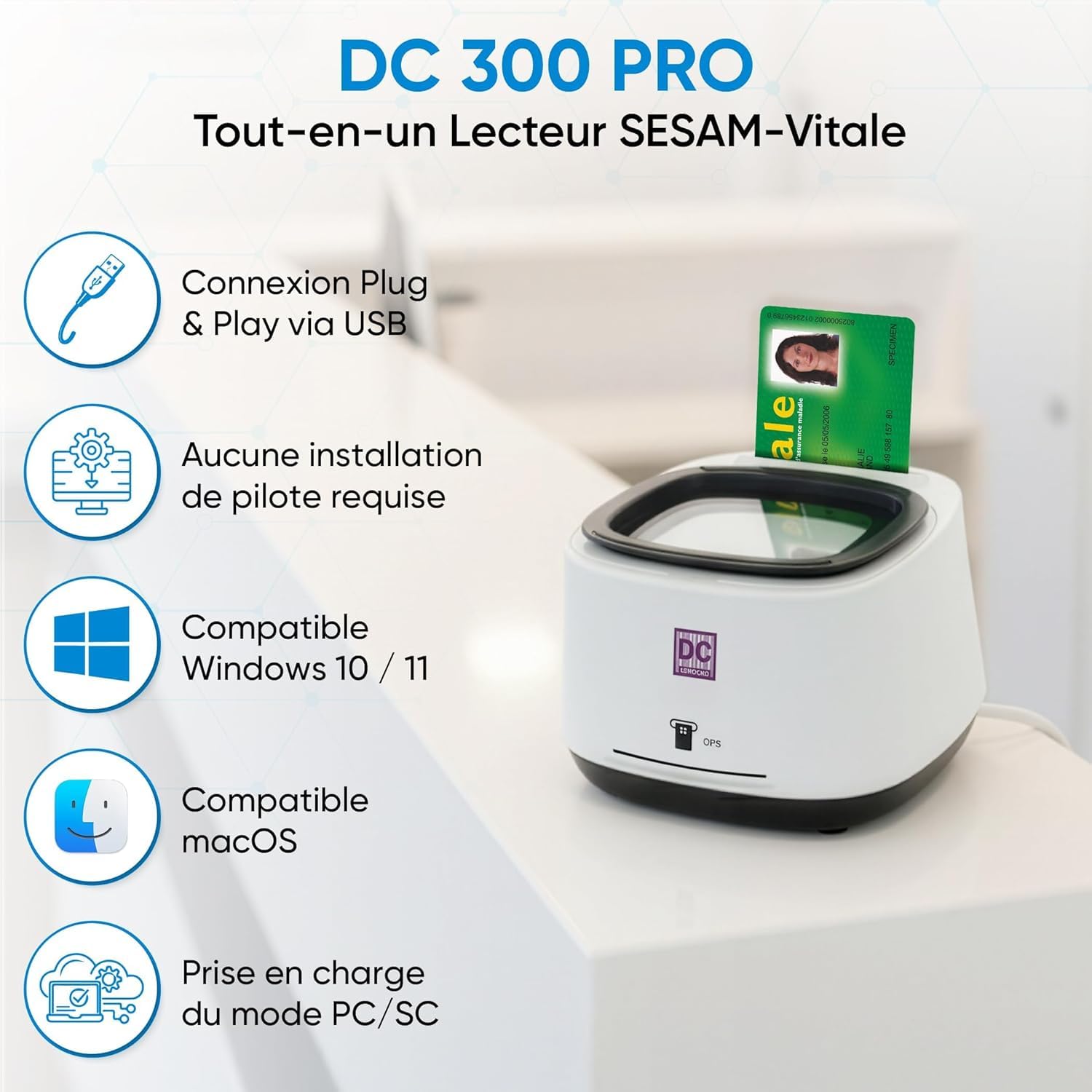 DC300 Pro Lettore 4 in 1 QRCODE NFC 2 Slot per schede vitali e CPS Sesam Vitale, Plug and Play, Nessun driver da installare, connessione USB A o USB C - Cavi forniti - Versione Mac OS