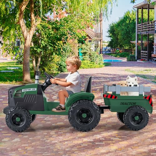 Image of Costzon 24V Ride on Tractor with Detachable Trailer, Kids' Electric Vehicles with 3 Speeds, 15 Climbing, Wireless Design, Horn & Music, Remote Control Tractor Toy for Kids 3+,Gift (24V, Deep Green)