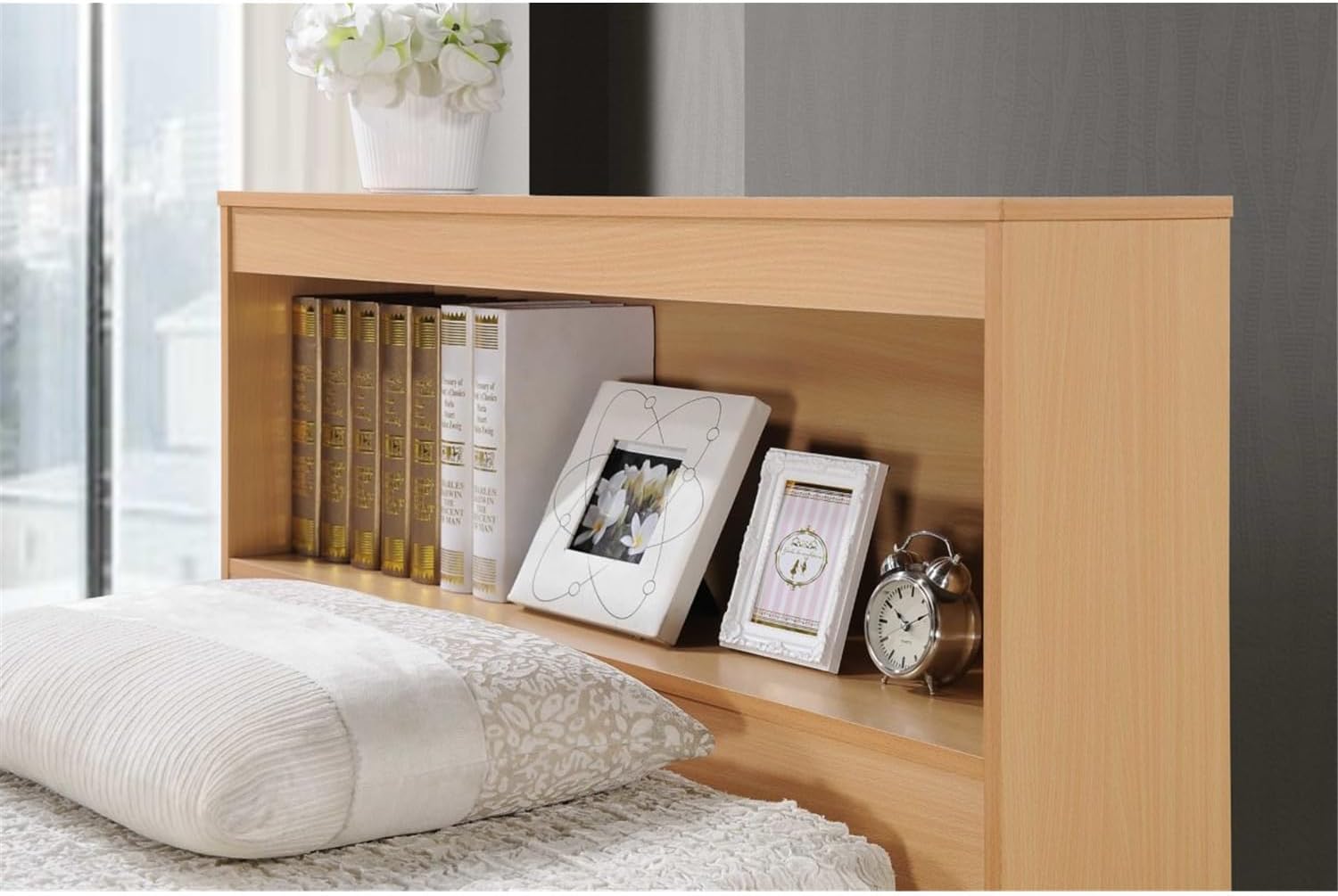 HomeStock Twin Size Medieval Moods Modern Storage Bed with 3 Drawers and Headboard with Spindles Feature, Laminated Finish - 85.6" L x 42.3" W x 39.2" H Beech