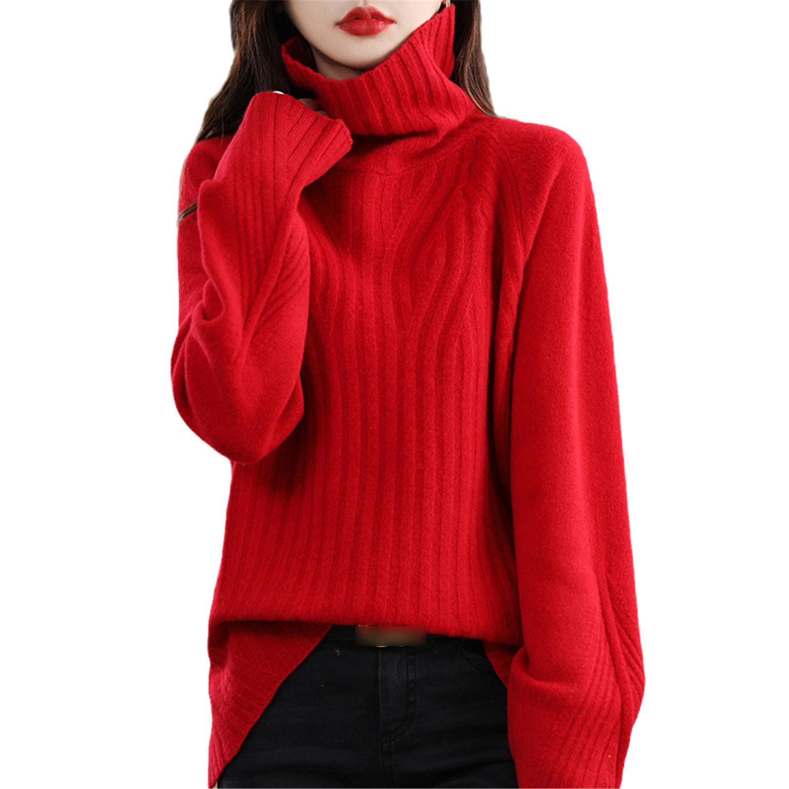 Suéter de talla grande para mujer, otoño, invierno, 100% lana, casual, de punto, pesado, cuello redondo, rosso, XL