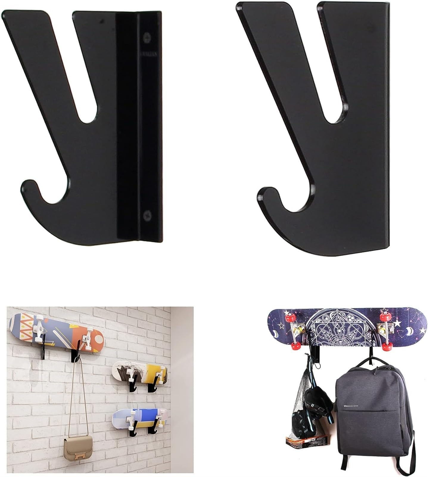THE WHITE SHOP Skateboard Wall Mount Display Rack, 2 PCS Acrylic Skateboard Display Rack with Storage Hooks Longboard Wall Mount Hanger