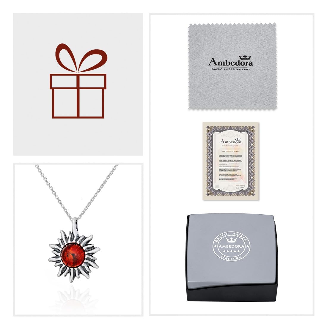 Collana Donna Piccolo Sole Con Ambra, Argento Sterling Ossidato, Ambra Baltica Rotonda Color Cognac, Ciondolo in Argento con Catenella