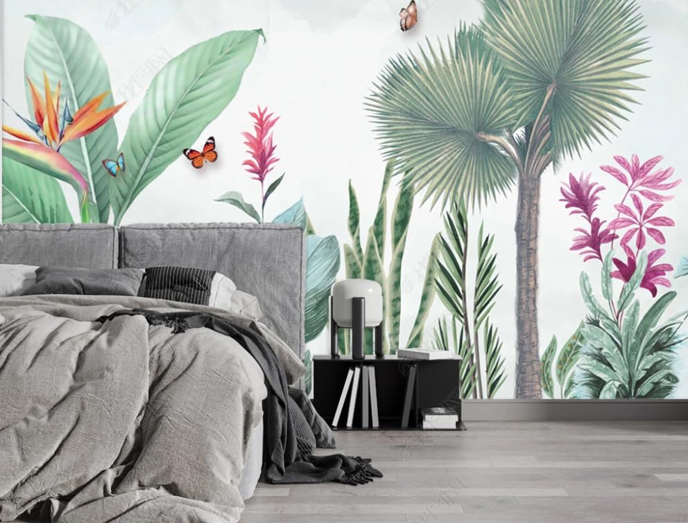 Papier peint intissé tropical pour masquer un mur abîmé de salon