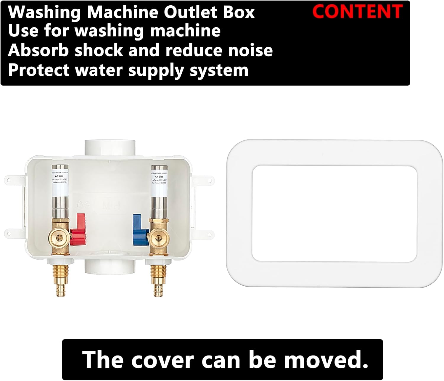 (1 Pack) Lidertik Washing Machine Outlet Box PEX-B with Hammer Arrestors and Center Drain, Inlet 1/2 inch PEX-B 1807 Crimp Barb x Outlet 3/4 inch Male Thread, Absorb Shock And Reduce Noise XYJH-621-LK