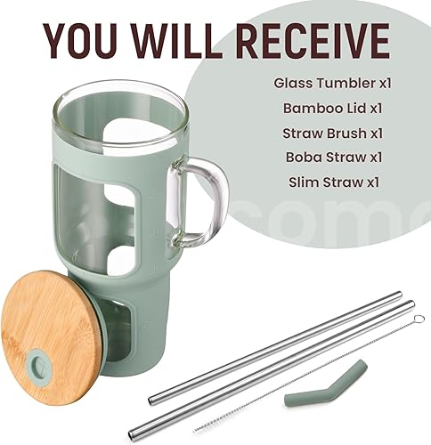 Miniatura 5 de COMOOO Vaso de vidrio de 40 onzas con tapa de bambú y pajilla, taza de vidrio para agua con asa, taza para beber café helado con funda de silicona,