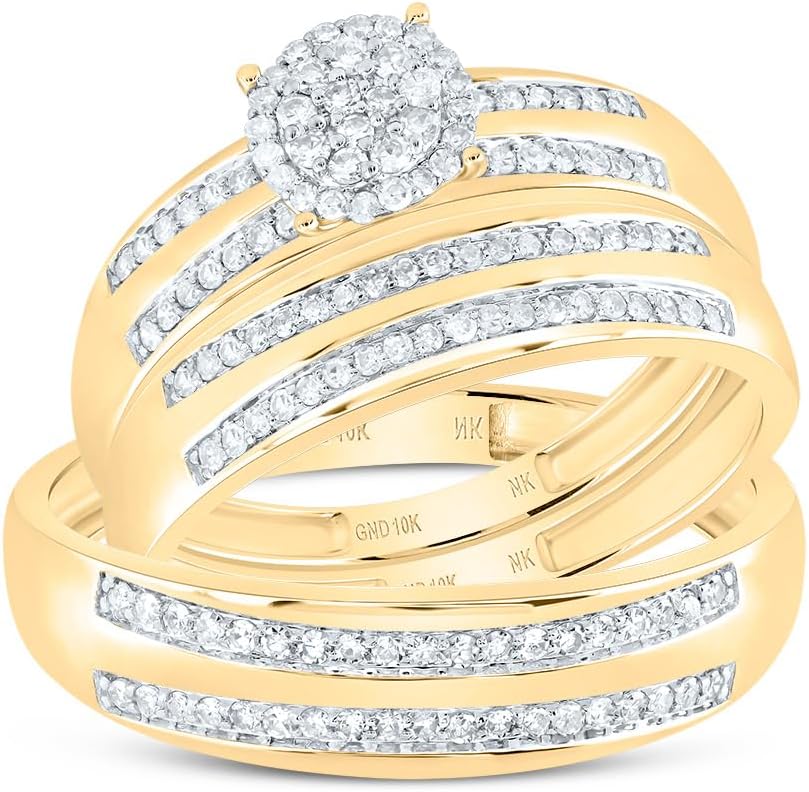 Jewels By Lux 10kt Yellow Gold His & Hers 1/2 Cttw Natural Diamond Round Bridal Wedding Ring Band Set, Women Size: 5-9, Men Size: 8-12
