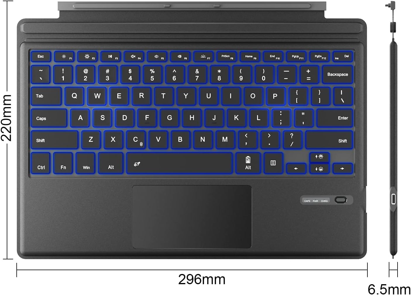 Surface Pro Type Cover, Portable Wireless Bluetooth Keyboard with Touchpad, 7-Color LED Backlit and Built-in Rechargeable Battery (LED Backlit)