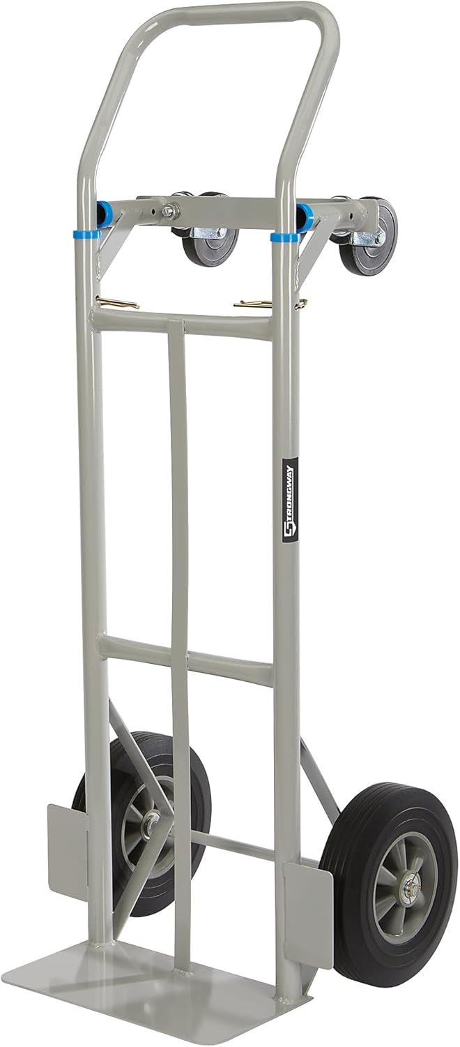 Strongway 2 in 1 Convertible Hand Truck and Dolly, 600 Lb Vertical and 800 Lb Horizontal Capacity, 47.24 in. H, 9.8 in. Wheels, Steel Frame, for Warehouses, Shops and Home Use