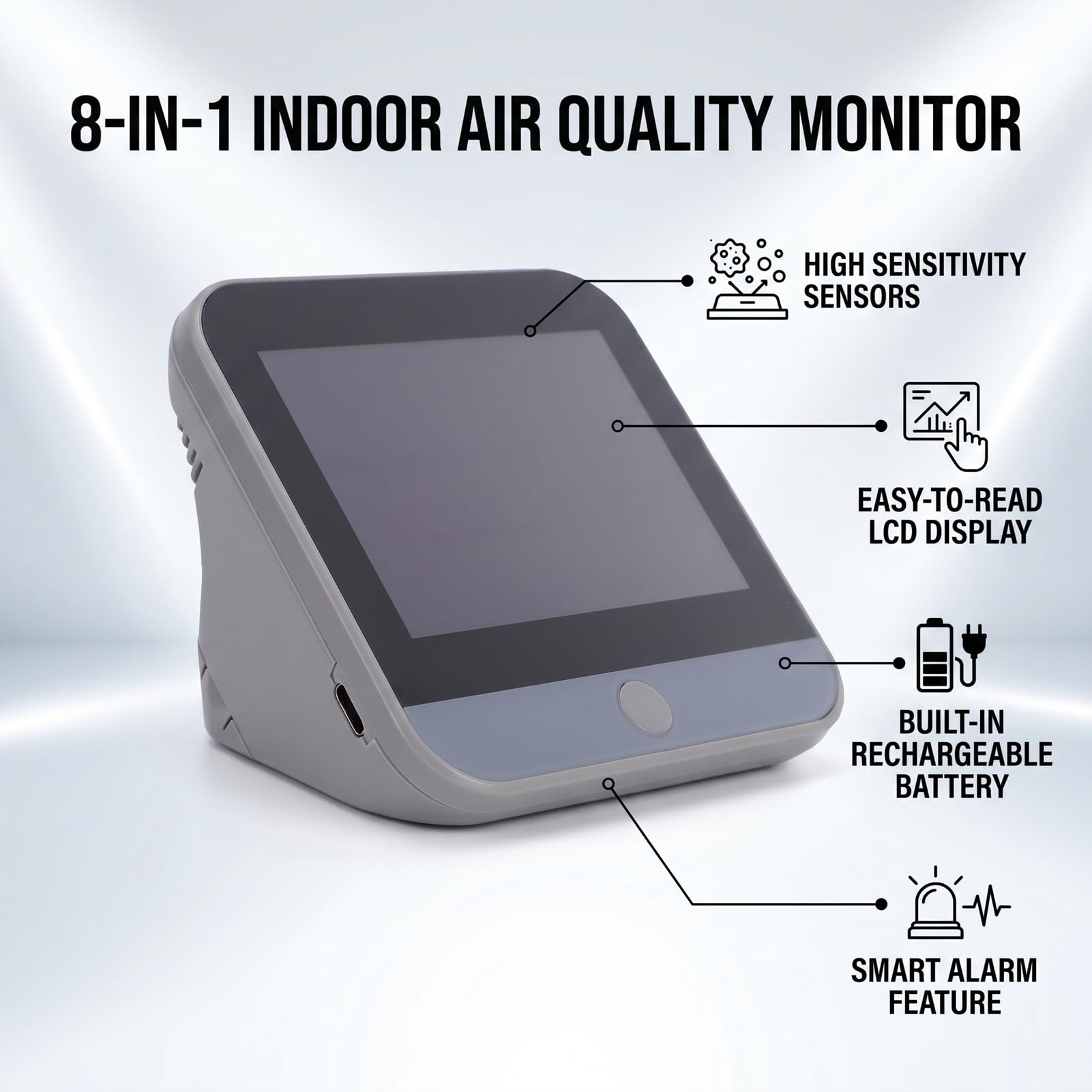 Fafeicy Luftqualitätsmonitor Tragbarer Lufttester für Zuhause, Grau